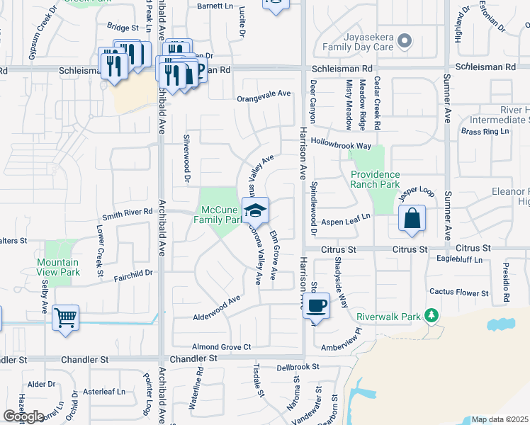 map of restaurants, bars, coffee shops, grocery stores, and more near 13933 Laurelwood Avenue in Corona
