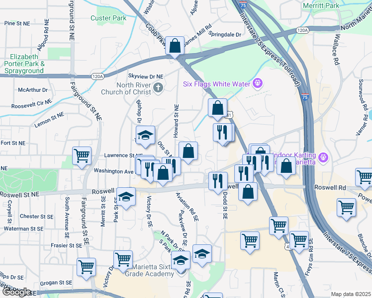 map of restaurants, bars, coffee shops, grocery stores, and more near 166 Fender Walk in Marietta