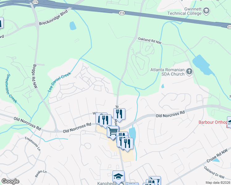 map of restaurants, bars, coffee shops, grocery stores, and more near 1335 Herrington Road in Lawrenceville