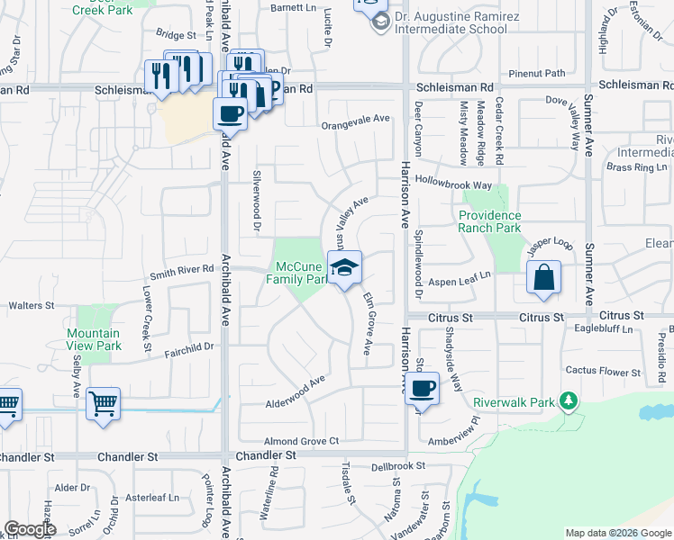 map of restaurants, bars, coffee shops, grocery stores, and more near 7392 Corona Valley Avenue in Corona