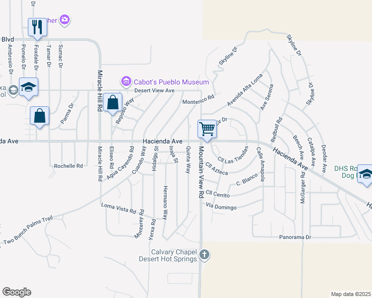 map of restaurants, bars, coffee shops, grocery stores, and more near 67890 Alameda Drive in Desert Hot Springs
