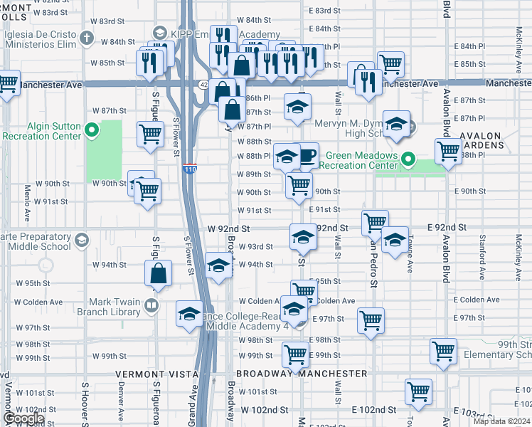 map of restaurants, bars, coffee shops, grocery stores, and more near 158 West 91st Street in Los Angeles