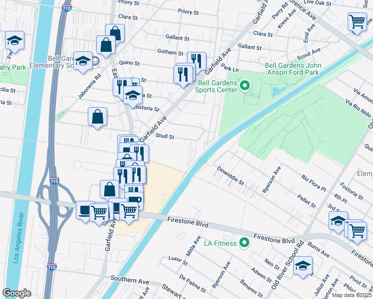 map of restaurants, bars, coffee shops, grocery stores, and more near 6006 Shull Street in Bell Gardens