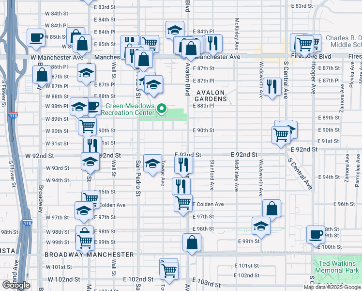map of restaurants, bars, coffee shops, grocery stores, and more near 444 East 91st Street in Los Angeles