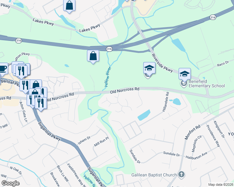 map of restaurants, bars, coffee shops, grocery stores, and more near 690 Burnham Ridge in Lawrenceville
