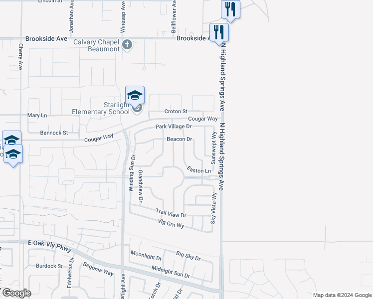 map of restaurants, bars, coffee shops, grocery stores, and more near 1570 Park Haven Drive in Beaumont