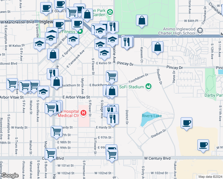map of restaurants, bars, coffee shops, grocery stores, and more near 813 Prairie Avenue in Inglewood