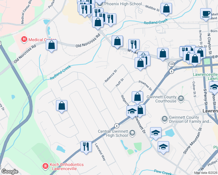 map of restaurants, bars, coffee shops, grocery stores, and more near 620 Huff Street in Lawrenceville