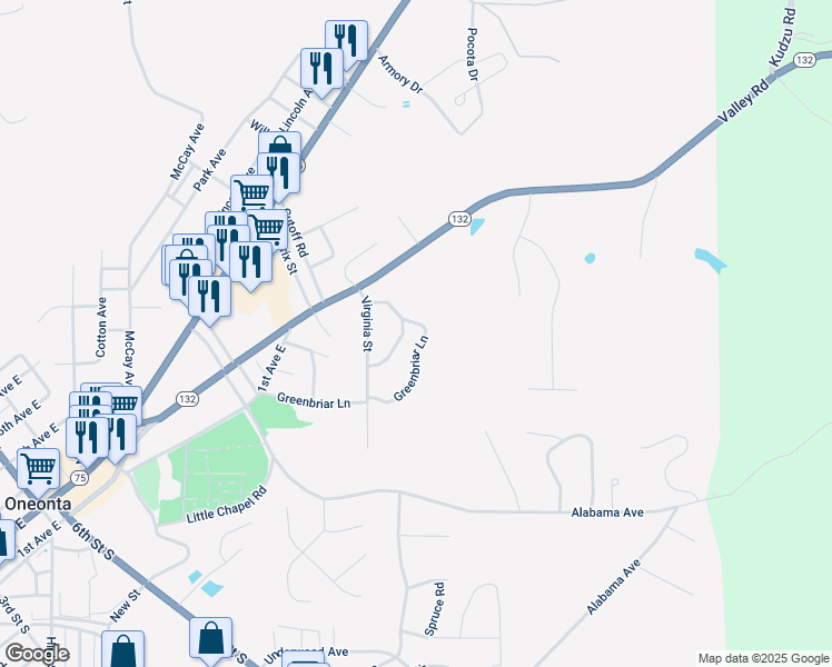 map of restaurants, bars, coffee shops, grocery stores, and more near 3 Greenbriar Lane in Oneonta