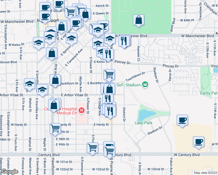 map of restaurants, bars, coffee shops, grocery stores, and more near 813 Prairie Avenue in Inglewood