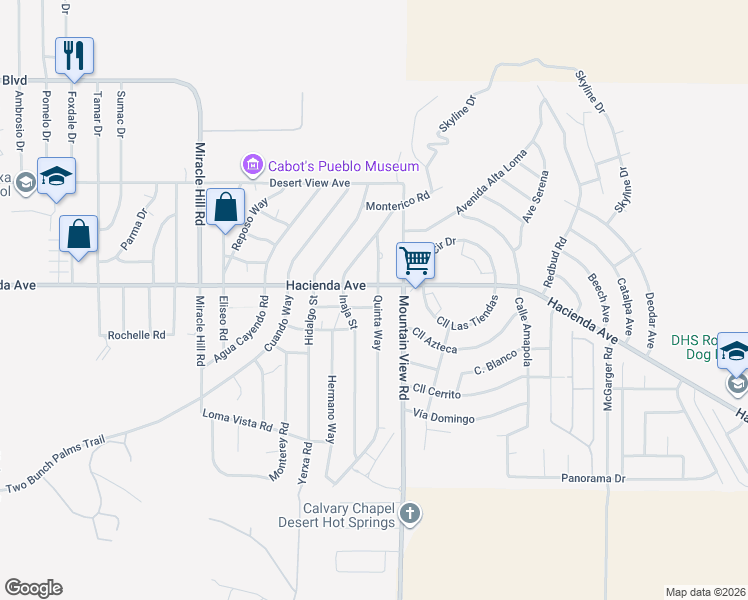 map of restaurants, bars, coffee shops, grocery stores, and more near 67883 Hacienda Avenue in Desert Hot Springs