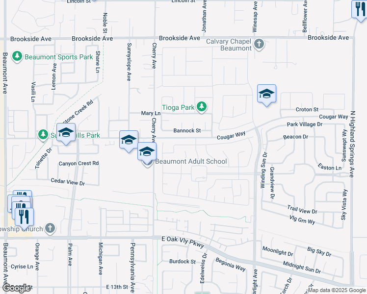 map of restaurants, bars, coffee shops, grocery stores, and more near 1358 Galaxy Drive in Beaumont