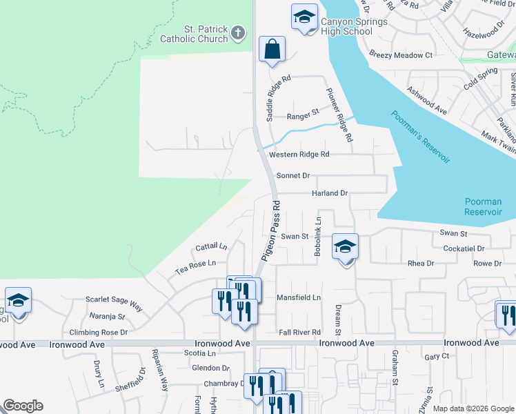 map of restaurants, bars, coffee shops, grocery stores, and more near 11532 Blue Jay Court in Moreno Valley