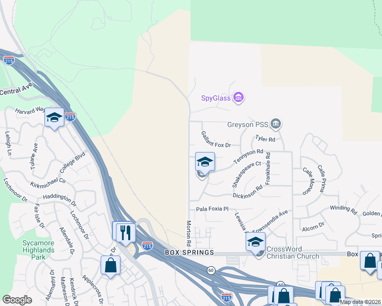 map of restaurants, bars, coffee shops, grocery stores, and more near 21005 Lord Murphy Court in Moreno Valley