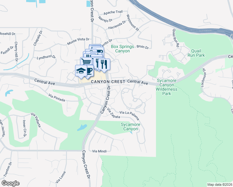 map of restaurants, bars, coffee shops, grocery stores, and more near 891 Vía Mesa Verde in Riverside