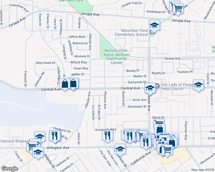 map of restaurants, bars, coffee shops, grocery stores, and more near 5572 Norman Way in Riverside