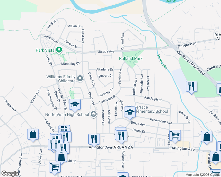 map of restaurants, bars, coffee shops, grocery stores, and more near 9080 Daytona Avenue in Riverside