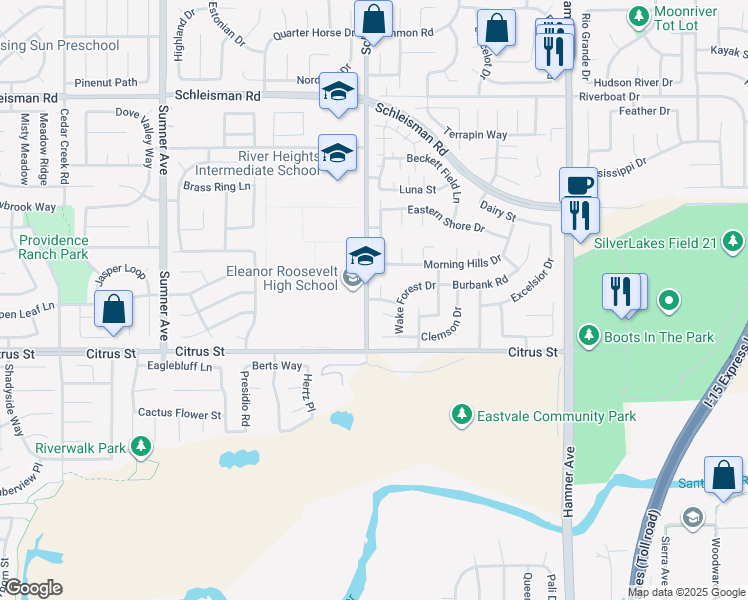 map of restaurants, bars, coffee shops, grocery stores, and more near 7385 Patti Ann Court in Corona