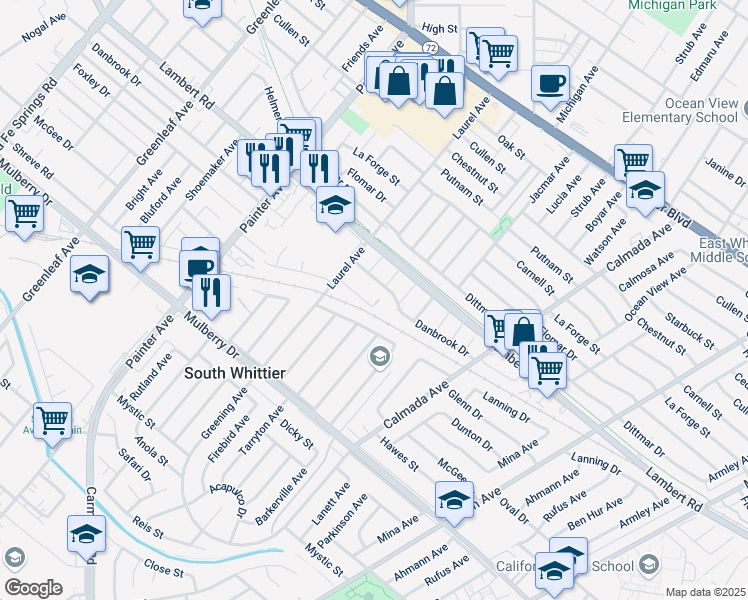 map of restaurants, bars, coffee shops, grocery stores, and more near 13625 Foxley Drive in Whittier