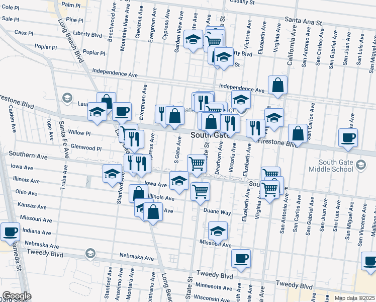 map of restaurants, bars, coffee shops, grocery stores, and more near 8928 Madison Avenue in South Gate