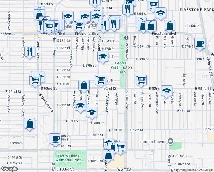 map of restaurants, bars, coffee shops, grocery stores, and more near in Los Angeles