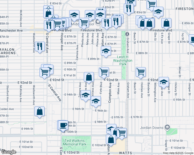 map of restaurants, bars, coffee shops, grocery stores, and more near 9115 Compton Avenue in Florence-Graham
