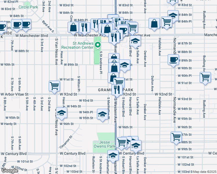 map of restaurants, bars, coffee shops, grocery stores, and more near 9119 South Western Avenue in Los Angeles
