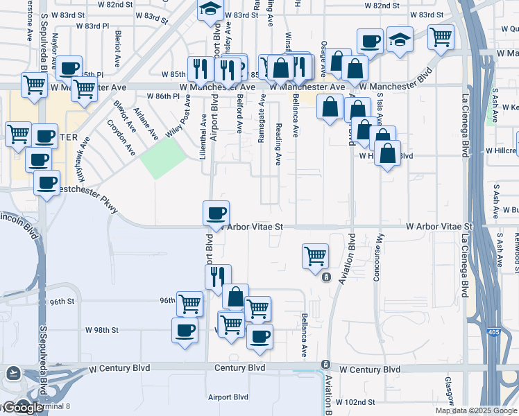 map of restaurants, bars, coffee shops, grocery stores, and more near 9037 Ramsgate Avenue in Los Angeles