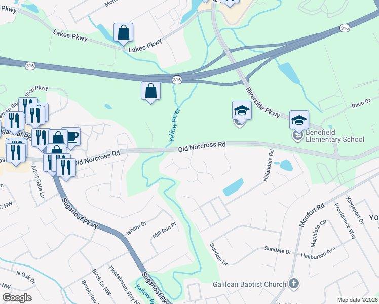 map of restaurants, bars, coffee shops, grocery stores, and more near 690 Burnham Ridge in Lawrenceville
