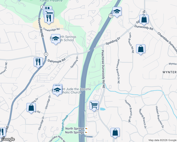 map of restaurants, bars, coffee shops, grocery stores, and more near 7475 Talbot Colony Northeast in Atlanta