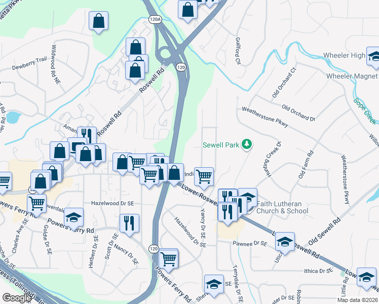 map of restaurants, bars, coffee shops, grocery stores, and more near 1940 Minnewil Lane in Marietta