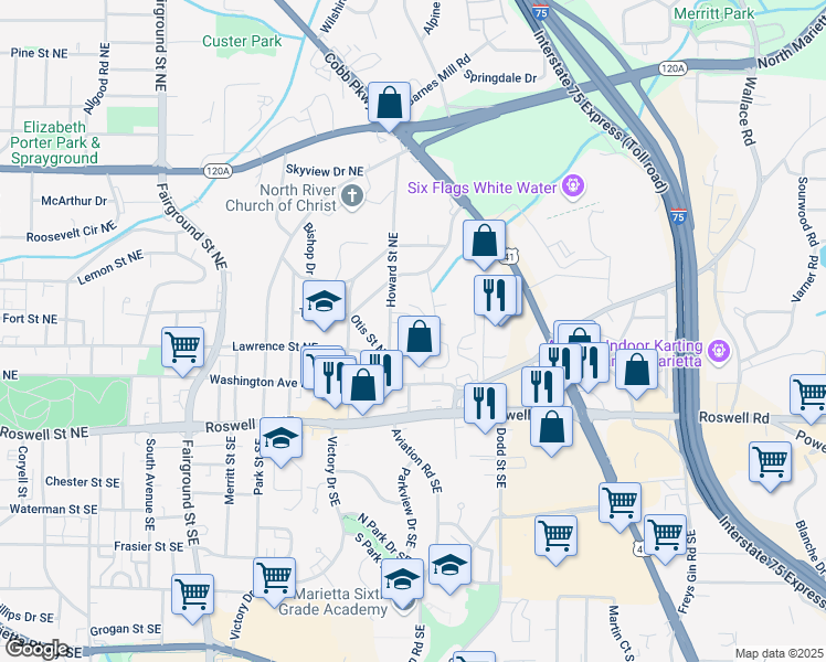 map of restaurants, bars, coffee shops, grocery stores, and more near 166 Fender Walk in Marietta