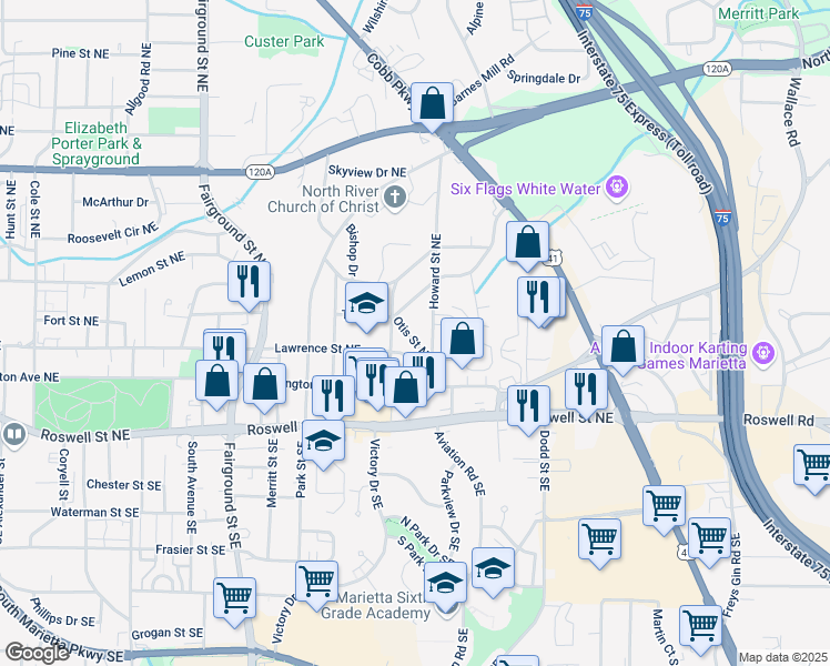 map of restaurants, bars, coffee shops, grocery stores, and more near 774 Richard Street Northeast in Marietta