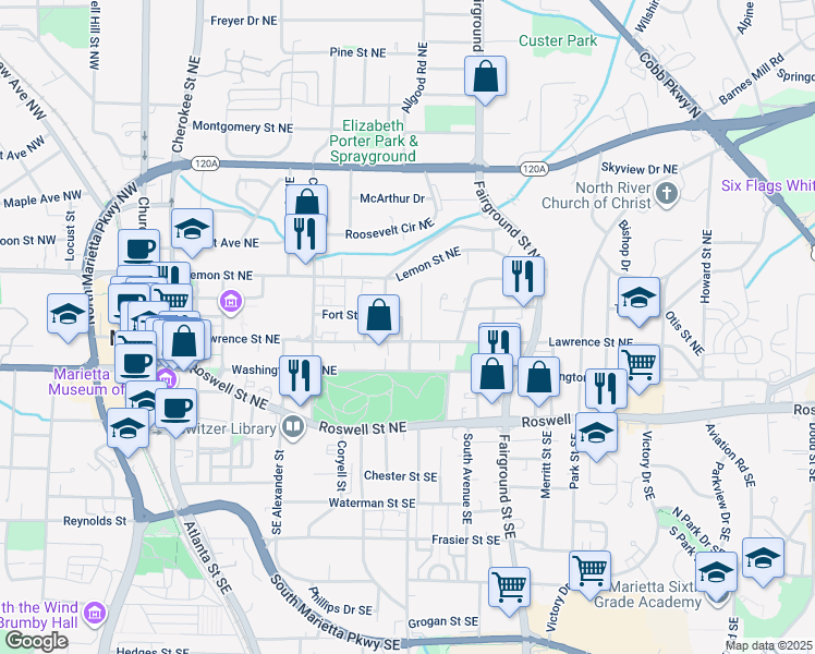 map of restaurants, bars, coffee shops, grocery stores, and more near 425 Fort Street Northeast in Marietta