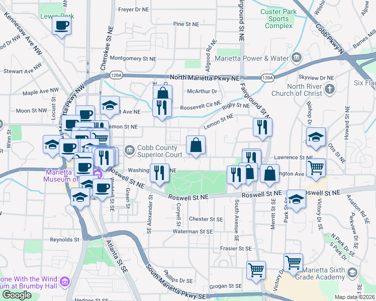 map of restaurants, bars, coffee shops, grocery stores, and more near 99 Lake Street in Marietta