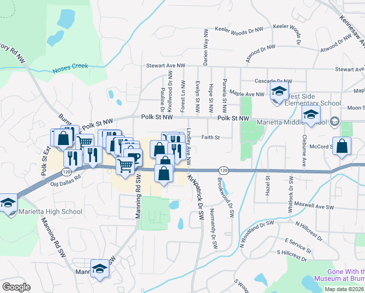 map of restaurants, bars, coffee shops, grocery stores, and more near 85 Applewood Court in Marietta