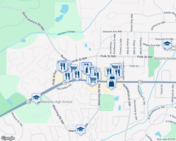map of restaurants, bars, coffee shops, grocery stores, and more near 843 Mountain View Terrace Northwest in Marietta
