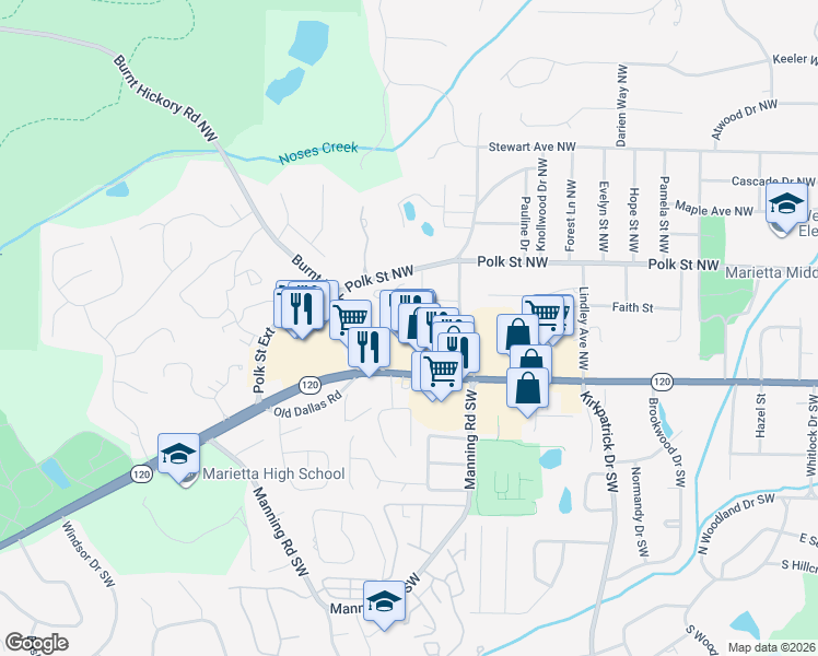 map of restaurants, bars, coffee shops, grocery stores, and more near 827 Mountain View Terrace Northwest in Marietta