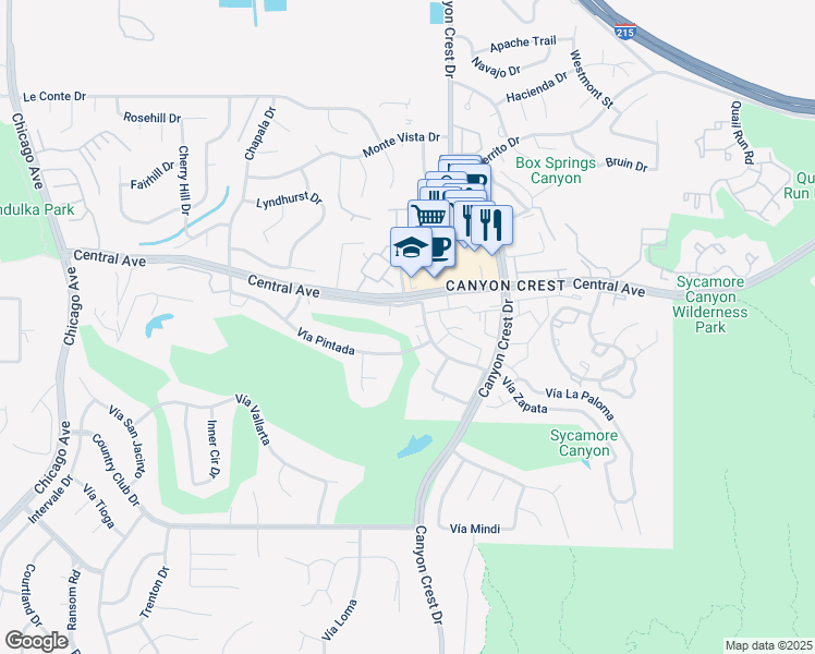 map of restaurants, bars, coffee shops, grocery stores, and more near 1010 Vía Zapata in Riverside