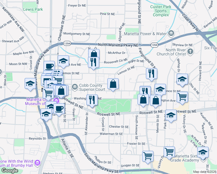 map of restaurants, bars, coffee shops, grocery stores, and more near 99 Lake Street in Marietta