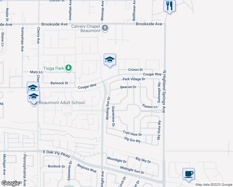 map of restaurants, bars, coffee shops, grocery stores, and more near 1553 Townswood Court in Beaumont