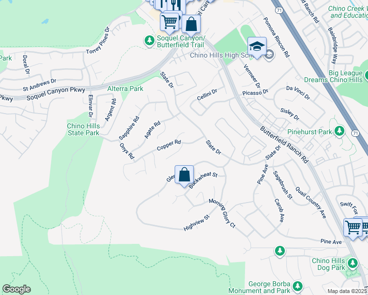 map of restaurants, bars, coffee shops, grocery stores, and more near 16507 Celadon Court in Chino Hills