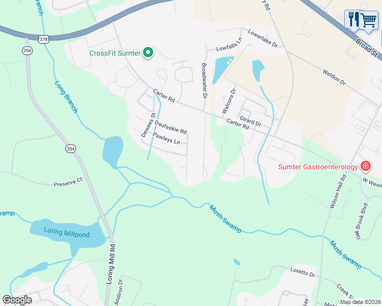 map of restaurants, bars, coffee shops, grocery stores, and more near 1160 Boardwalk in Sumter