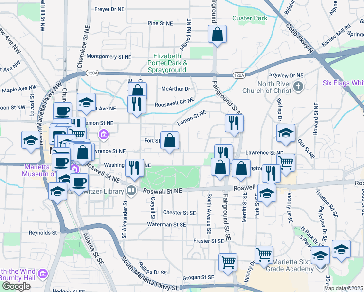 map of restaurants, bars, coffee shops, grocery stores, and more near 425 Fort Street Northeast in Marietta