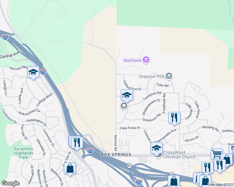 map of restaurants, bars, coffee shops, grocery stores, and more near 21005 Lord Murphy Court in Moreno Valley