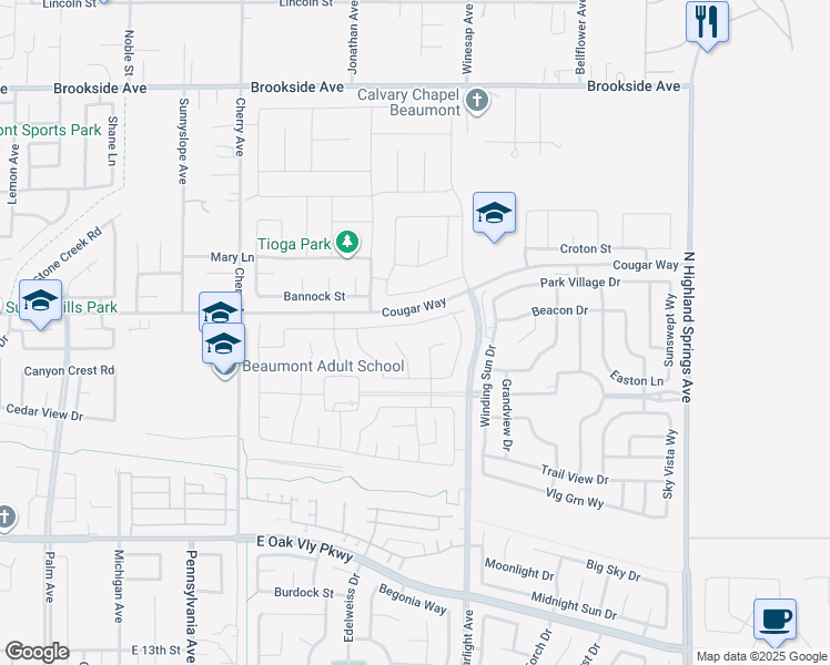map of restaurants, bars, coffee shops, grocery stores, and more near 1445 Galaxy Drive in Beaumont