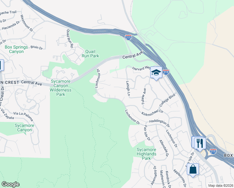 map of restaurants, bars, coffee shops, grocery stores, and more near 5432 Deveron Court in Riverside