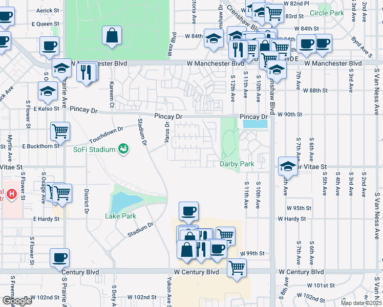 map of restaurants, bars, coffee shops, grocery stores, and more near 3618 West Luther Lane in Inglewood