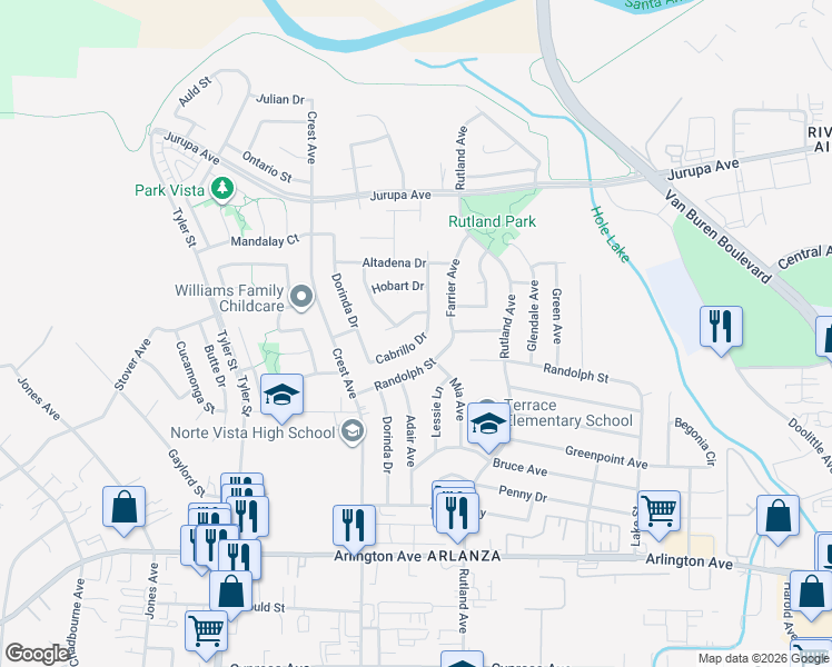 map of restaurants, bars, coffee shops, grocery stores, and more near 9080 Daytona Avenue in Riverside