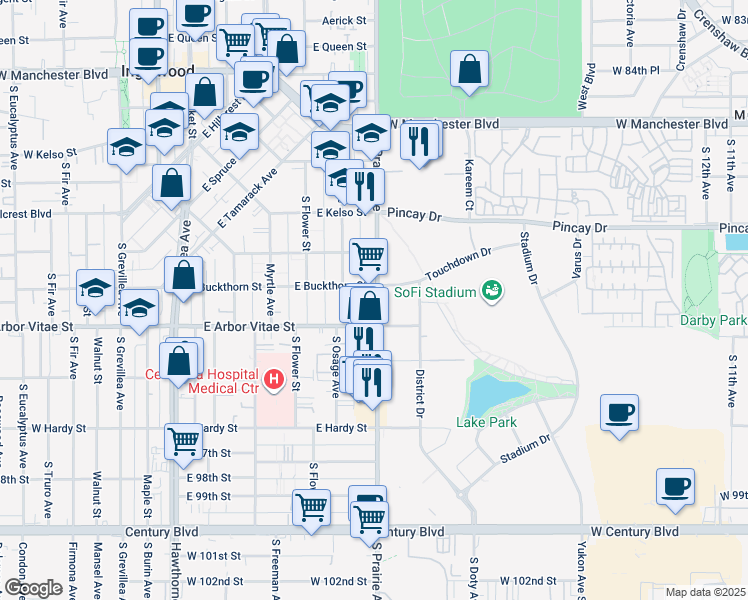 map of restaurants, bars, coffee shops, grocery stores, and more near 813 South Prairie Avenue in Inglewood